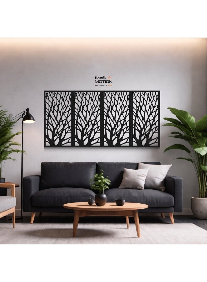 Acoustic Motion Wooden MDF Wall Art Decor Panels, ROOTS Design with Double-Face Tape, Modern Black Wall Hanging for Home, Living Room, Bedroom, Office & Hotel, 25×50×0.5 cm, 4-Piece Set - Image 1